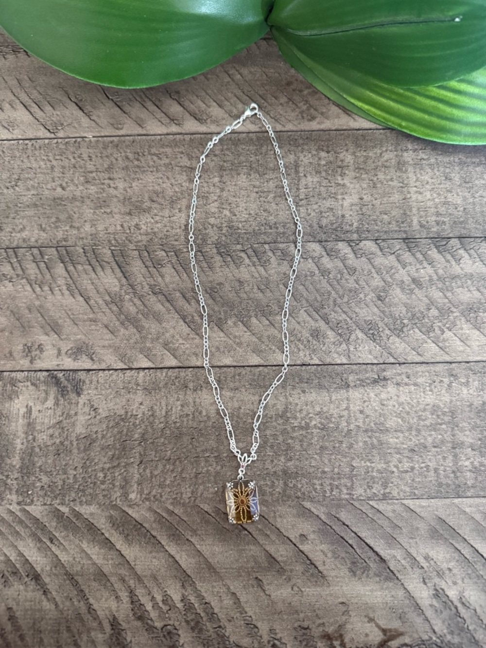 VINTAGE Avon NRT Silver Chain Necklace with Amber Sunburst Pendant